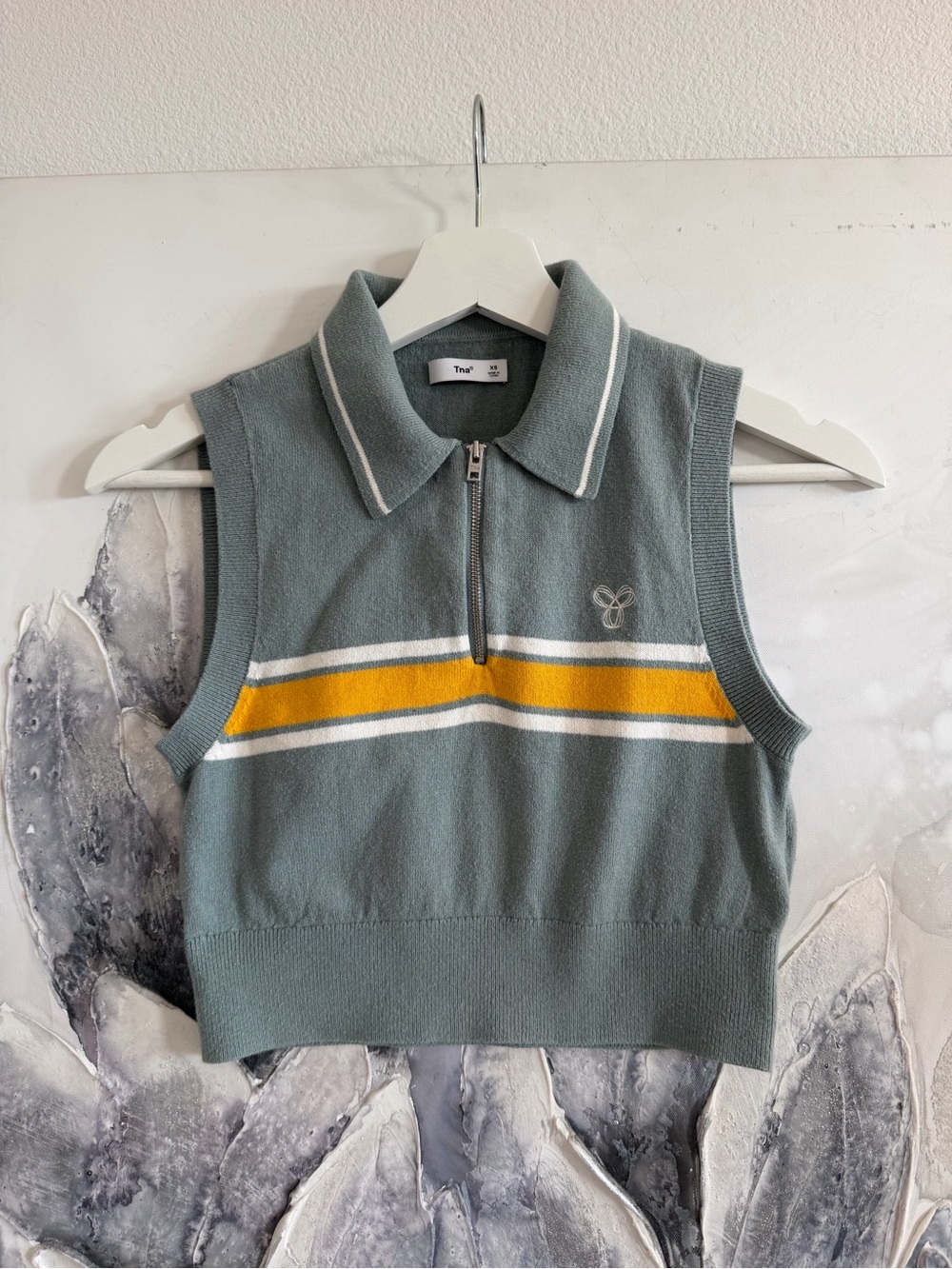 TNA Sleeveless Zip-Knit Polo Top in Sage with Yellow Stripe